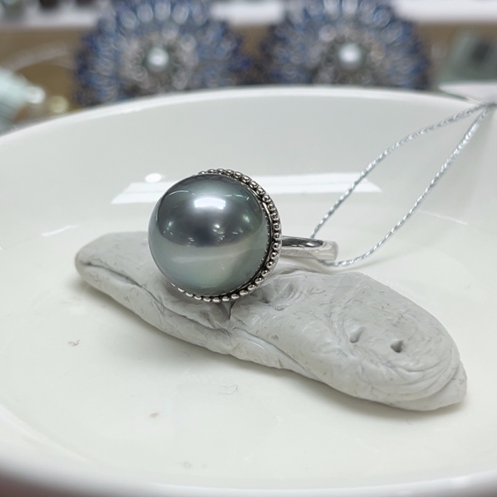 银S925镶嵌戒圈海水珍珠13-14mm67号