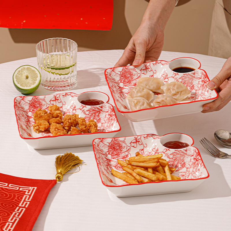 玫瑰皇后红红火火饺子盘春节过年家用釉下彩家用带醋碟饺子盘