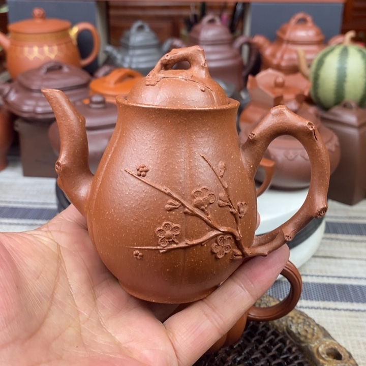 紫砂茶壶傲梅神韵180CC原矿宝山红降坡泥