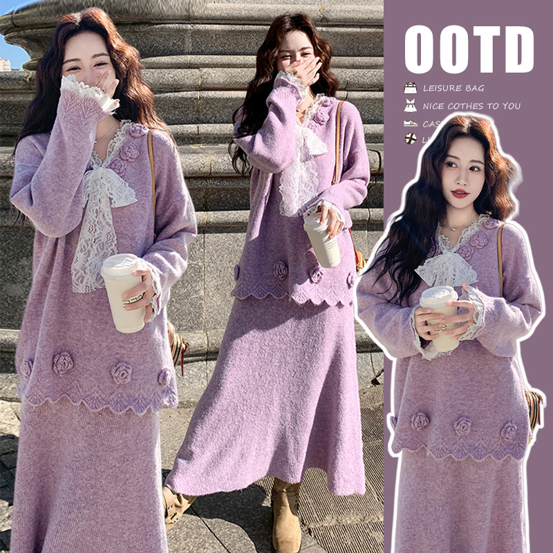 2026新款秋冬装松弛感针织套装立体花朵系带毛衣半身裙两件套