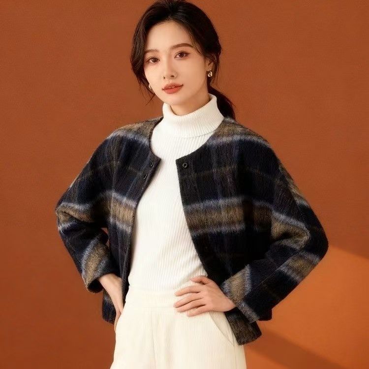 韩系格子圆领双面羊毛大衣女短款2025秋冬宽松小个子羊毛呢外套上