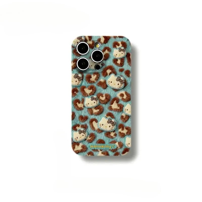 蓝色仿毛绒KT豹纹适用苹果17promax手机壳华为P50VIVO小米15全包