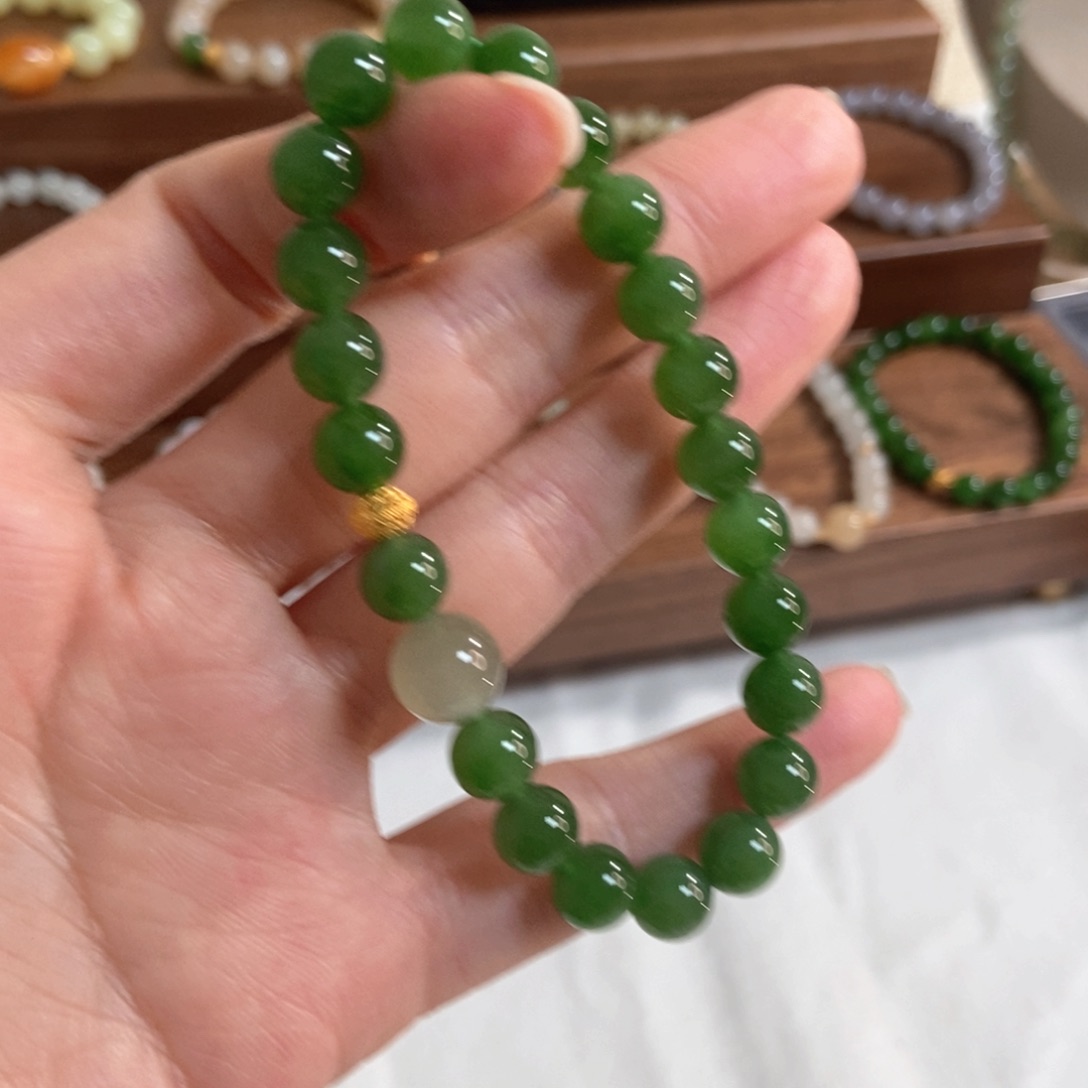 和田玉手链18K金镶嵌8mm碧玉冰阳绿