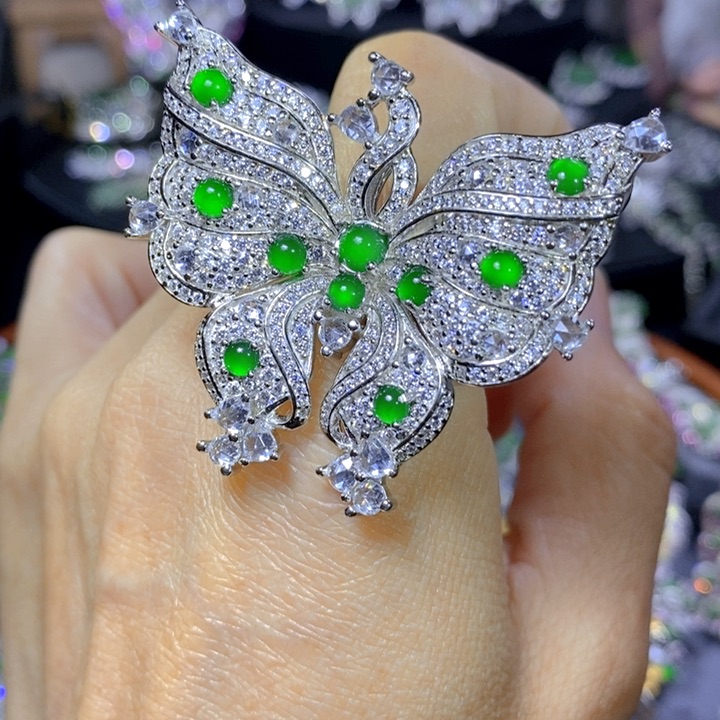 翡翠戒指银S925镶嵌天然翡翠