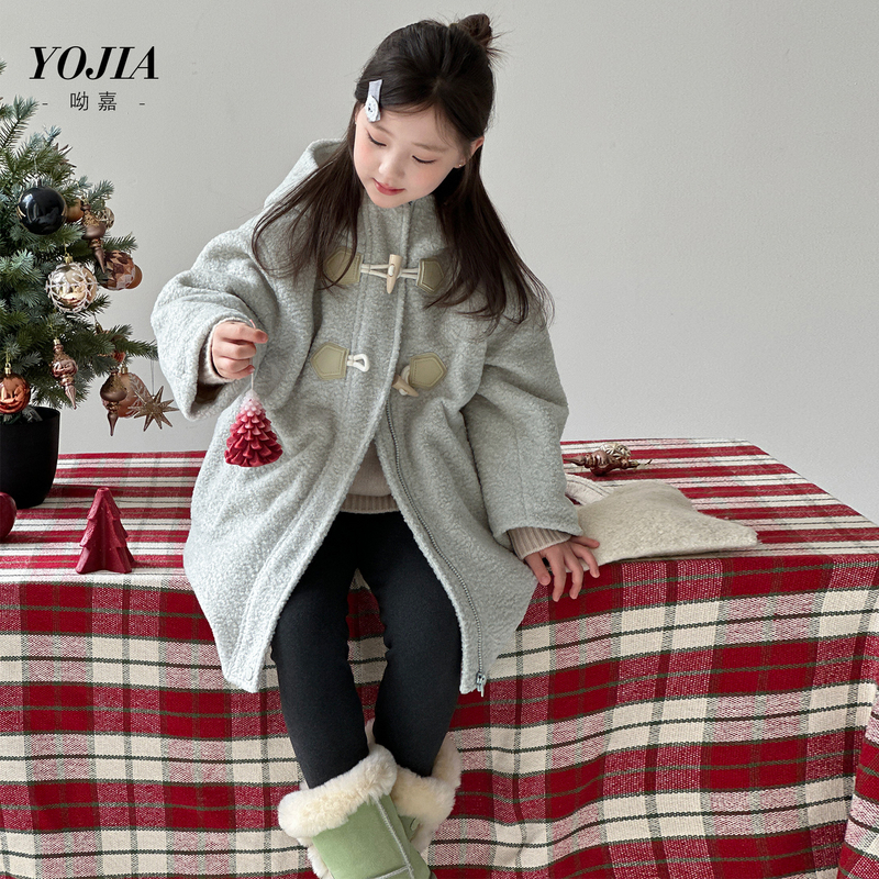 YOJIA女童中长款外套冬季2025新款韩版连帽呢子大衣加厚儿童冬装