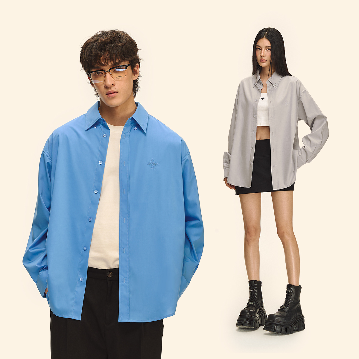 CLIMAX VISION柔软丝滑廓形骨感/十字花刺绣微宽松慵懒休闲衬衫