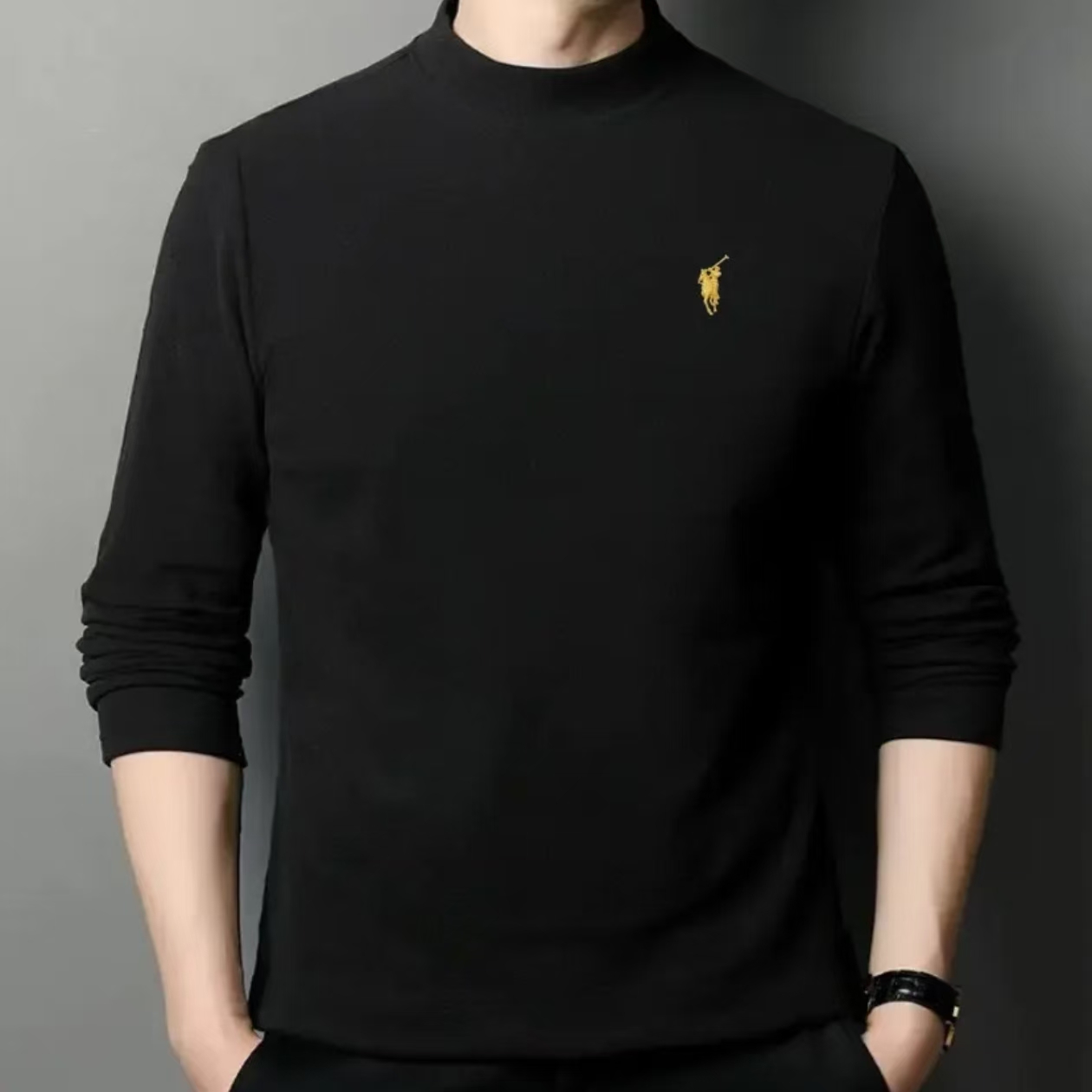 高端刺绣双面德绒纯色男士秋冬潮流加厚立领打底衫