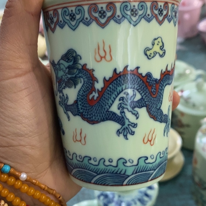 摆件陶绿稀土斗彩龙可乐杯