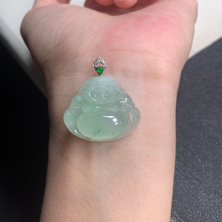 天然缅甸a货翡翠18k金镶嵌细糯冰起胶佛公精美吊坠28x26x6.3mm