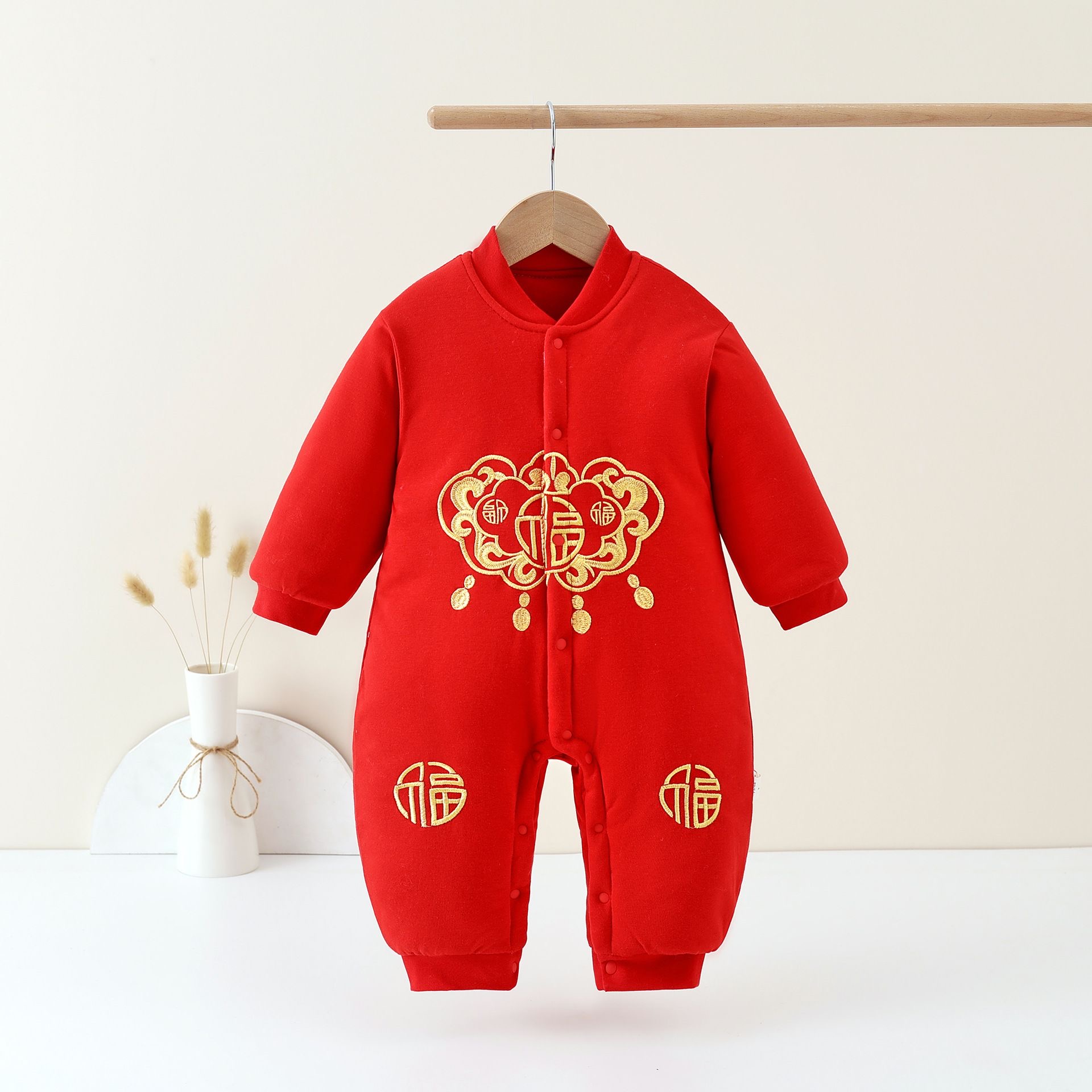 婴儿棉服300g加厚夹棉连体衣新生儿拜年服宝宝周年抓周红色过年服