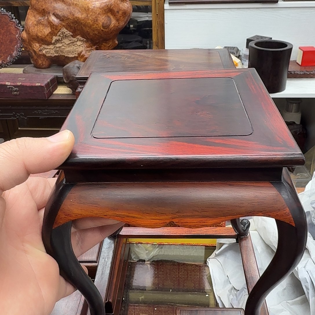 古***哥木大红酸枝14.5正方高20花架微瑕黑漂红