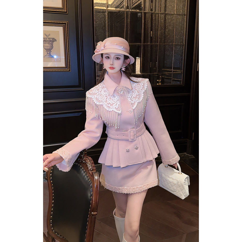 【奥法庄园】郭郭原创粉色羊毛收腰百褶羽绒服短外套女