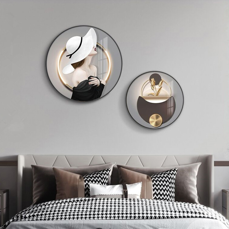 新款卧室装饰画时尚现代简约圆形主卧镶钻床头挂画房间餐厅壁画