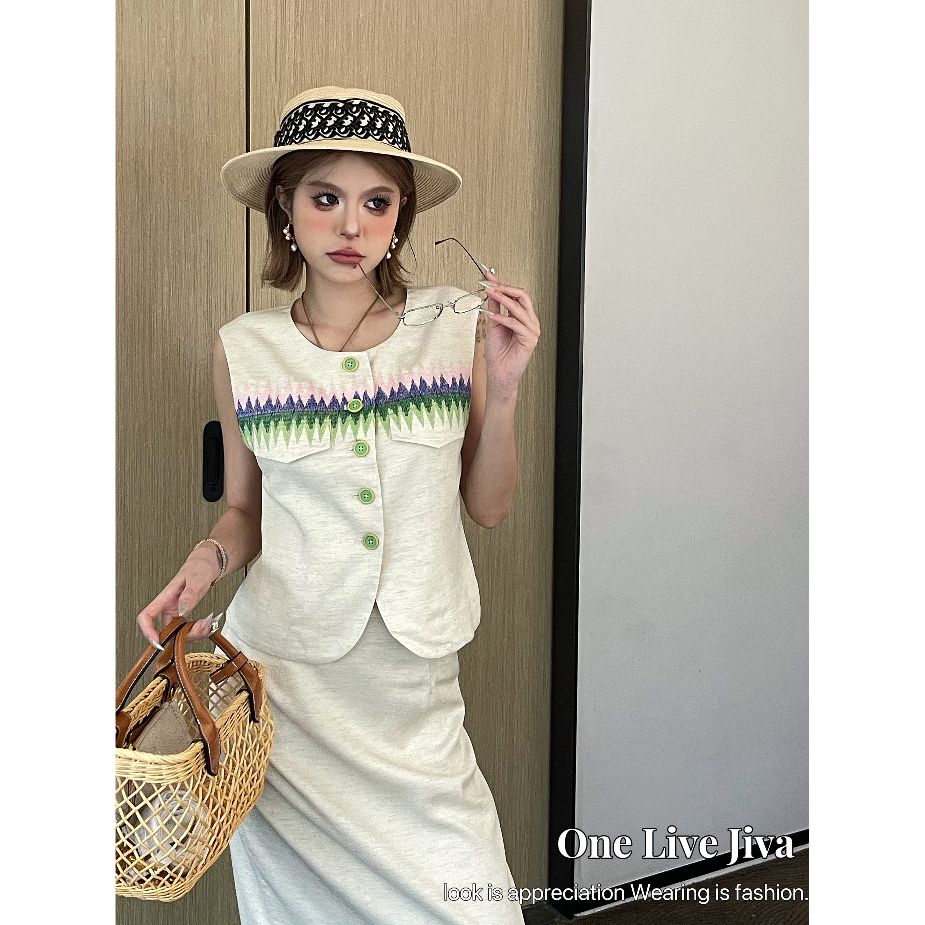 KIKI严选：85155-JIVA家欧货南油夏季轻奢彩色马甲半身裙两件套装