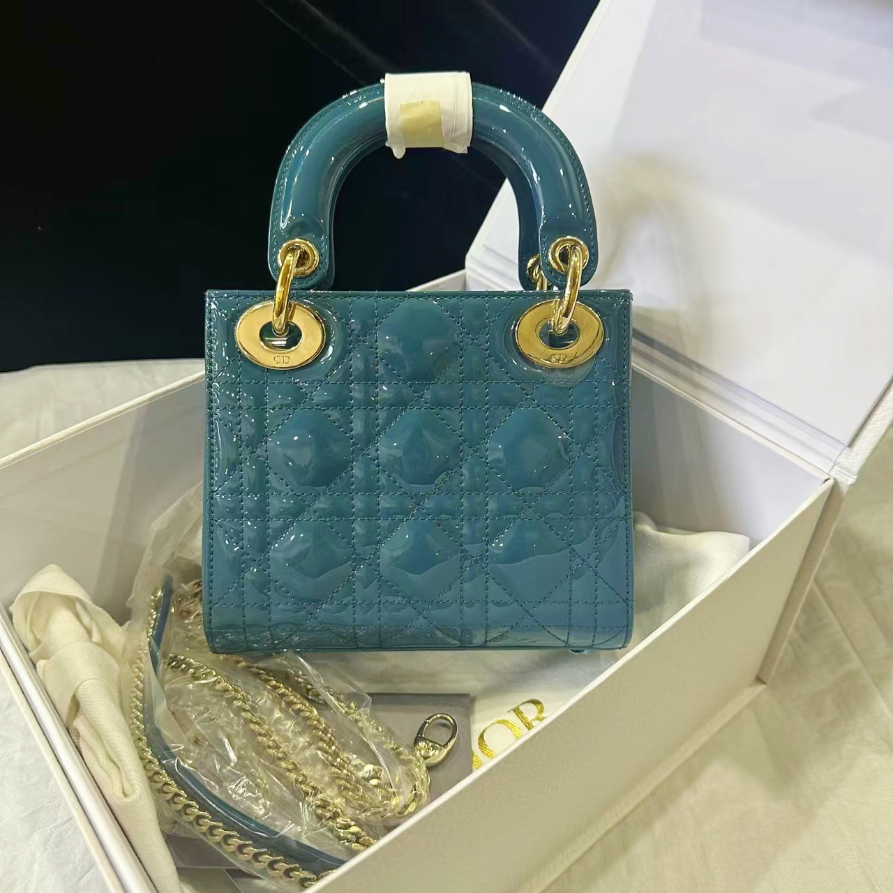 99新DIOR/迪奥迪奥孔雀蓝漆皮戴妃迪奥包包