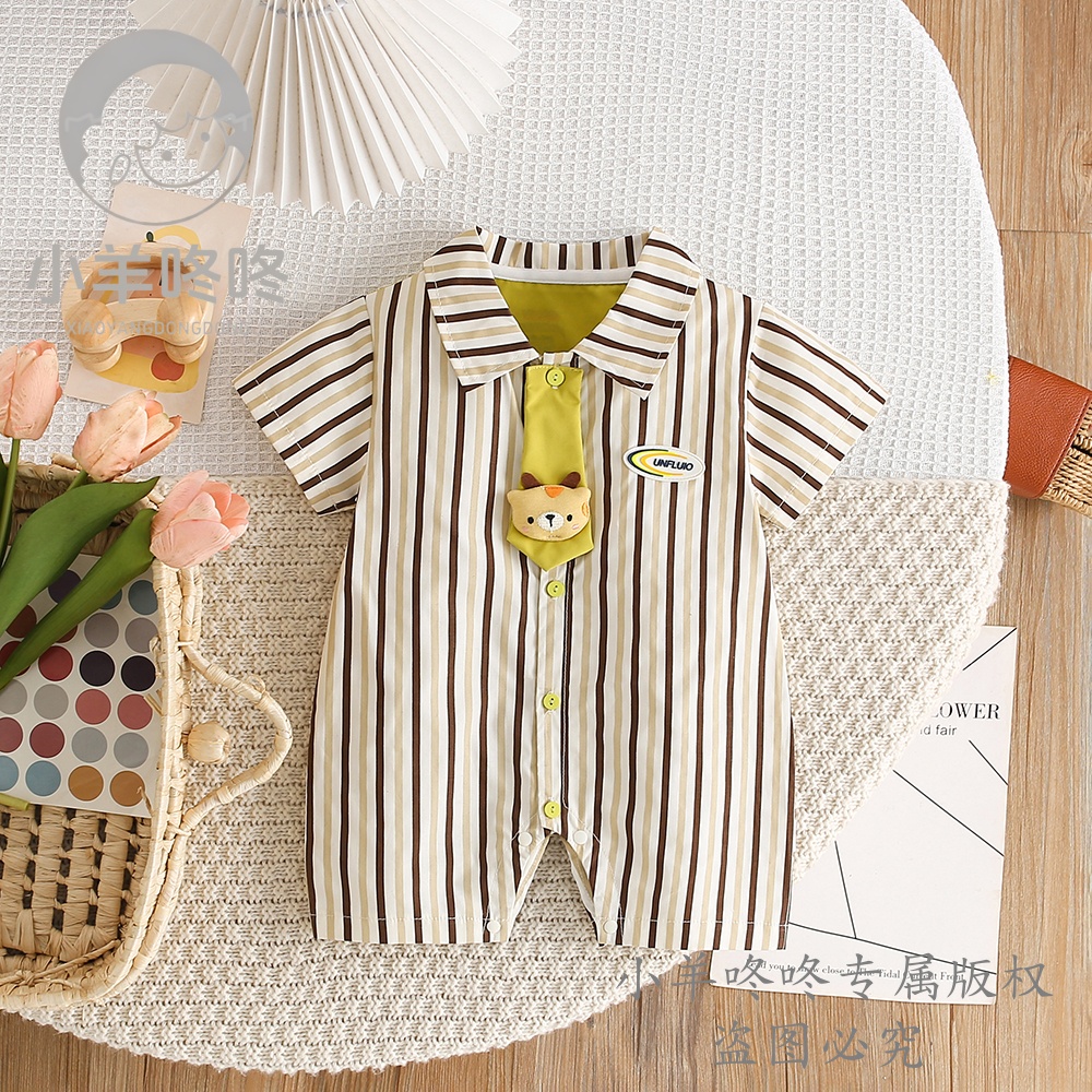 夏季新款黄领带熊竖条夏日旅行拼色哈衣男女宝婴幼儿时装薄款童装