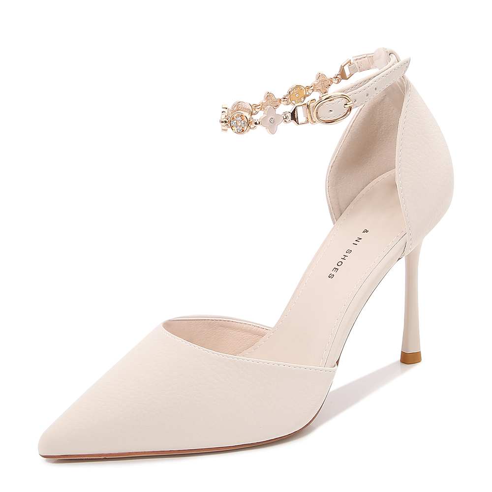 BAIWEIMAN百搭一字带女鞋尖头有气质韩版细跟时尚中空高跟鞋链条