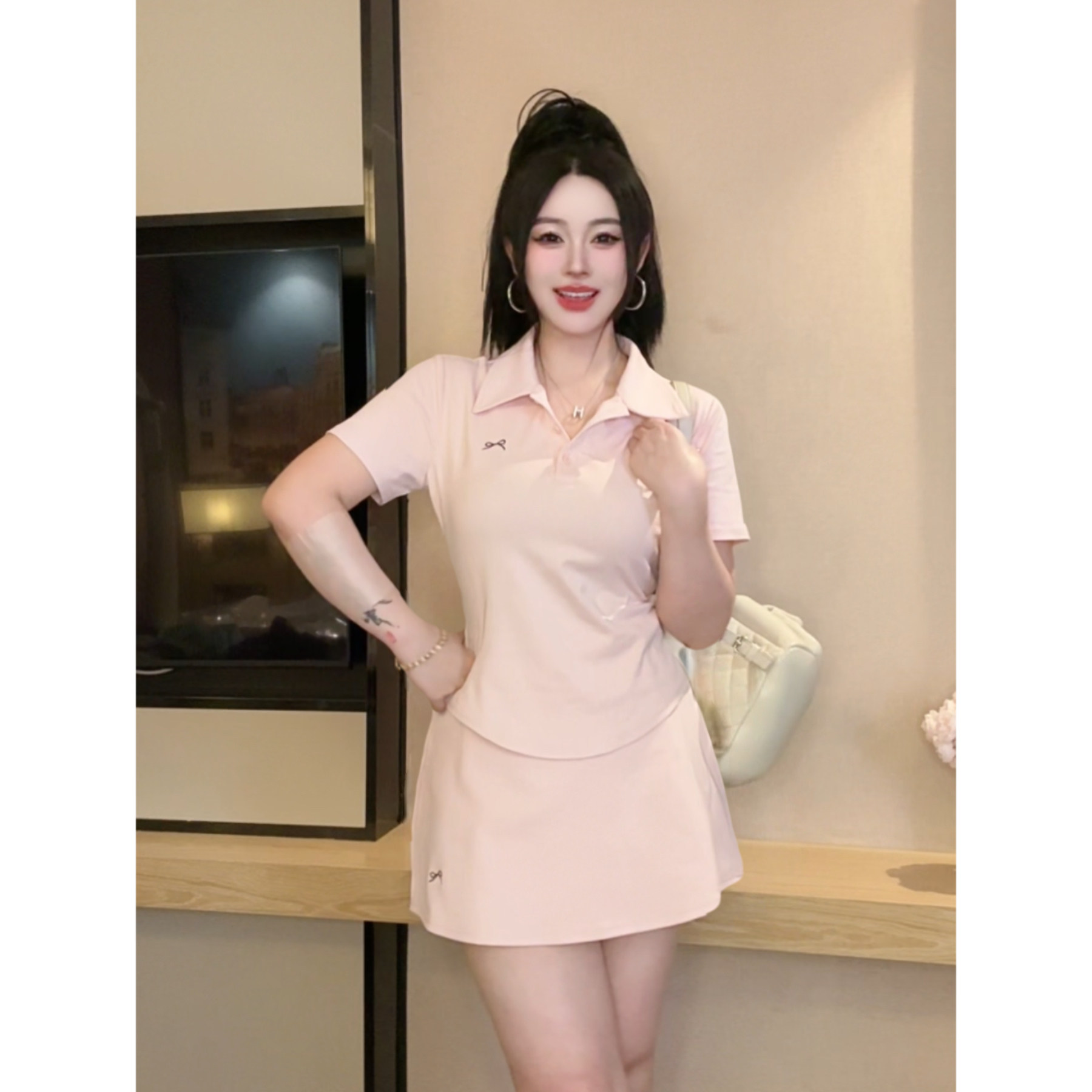 2025秋季新品时尚减龄显瘦遮肉POLO领上衣+假两件裤裙