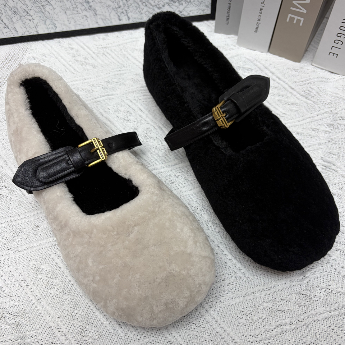 2023秋冬新款玛丽珍圆头懒人豆豆鞋软底毛毛皮带扣外穿洋气毛毛鞋