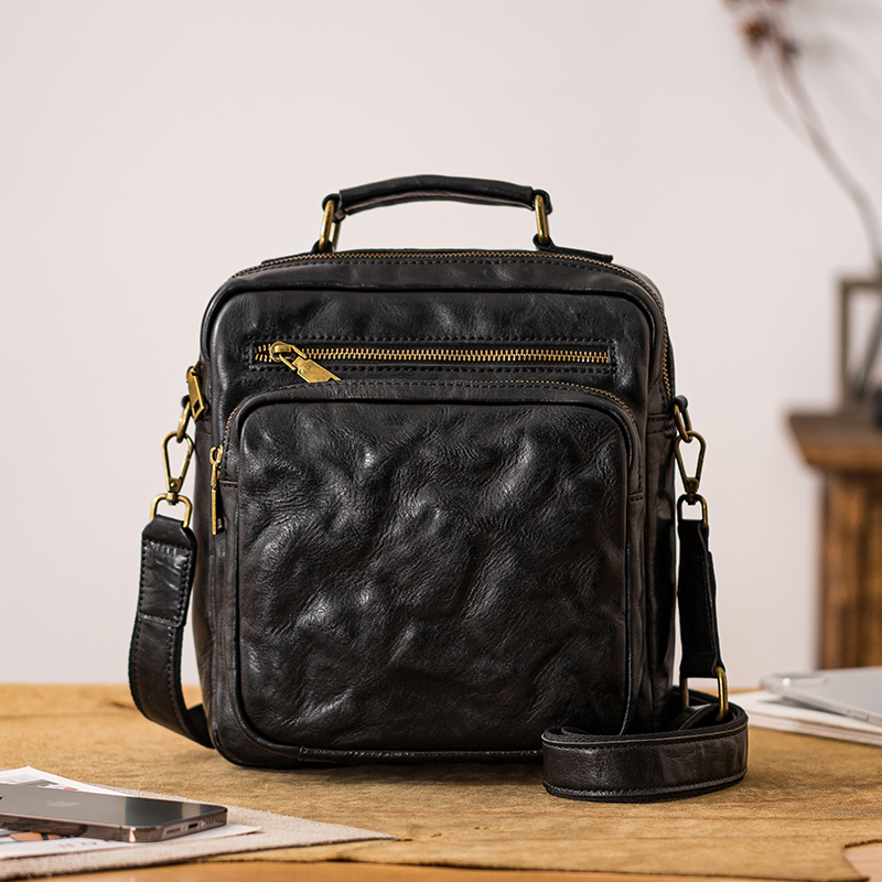 后步原创真皮男士手提单肩包商务休闲植鞣牛皮竖款高级感斜挎包潮