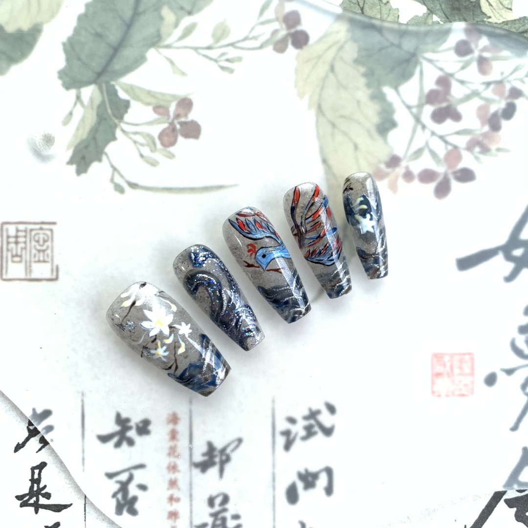 【日夜帮忙-精卫填海】原创手绘国风出街日常显白超好看新款穿戴甲
