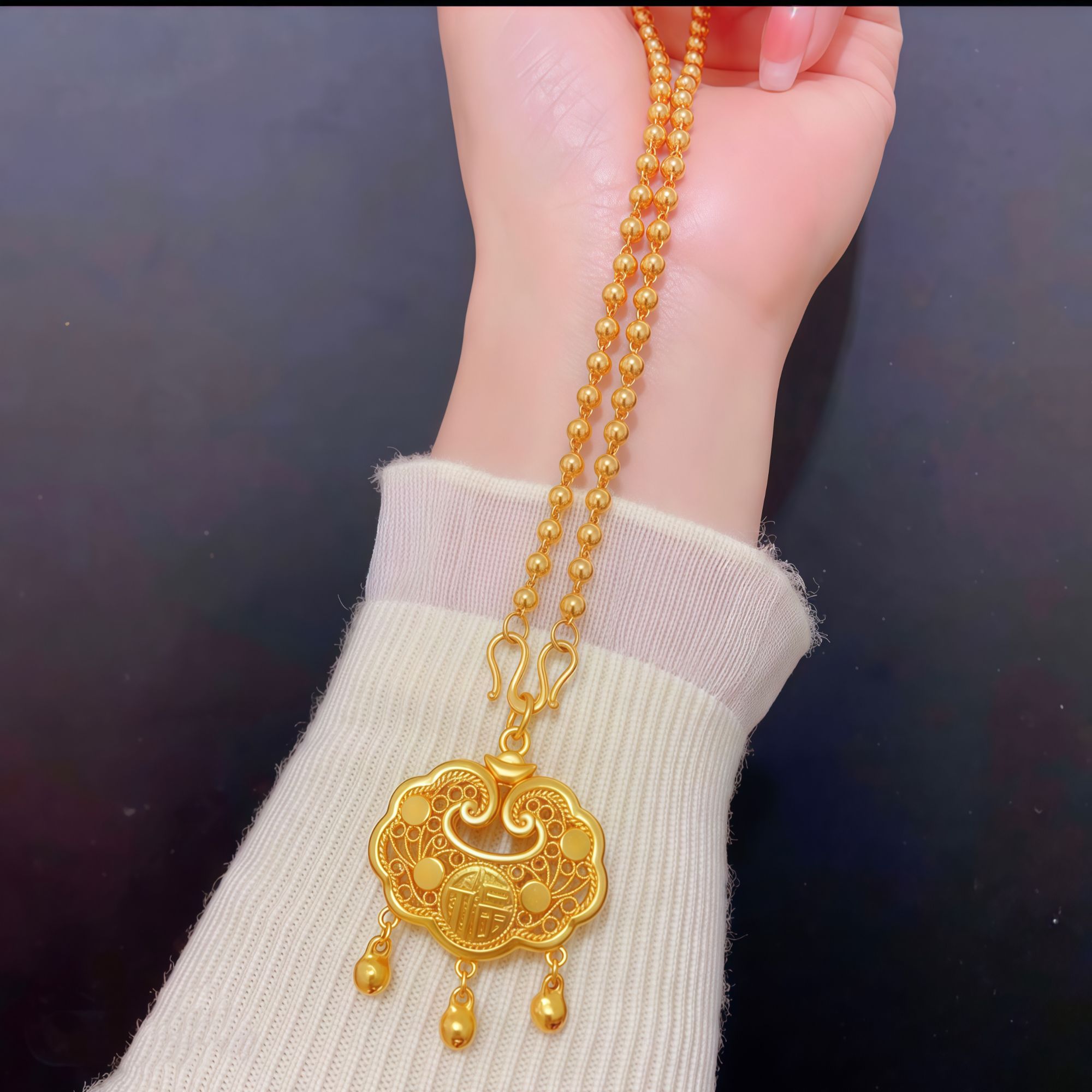 铜合金吊坠 精工版4mm圆珠项链配长命锁时尚潮流项链吊坠