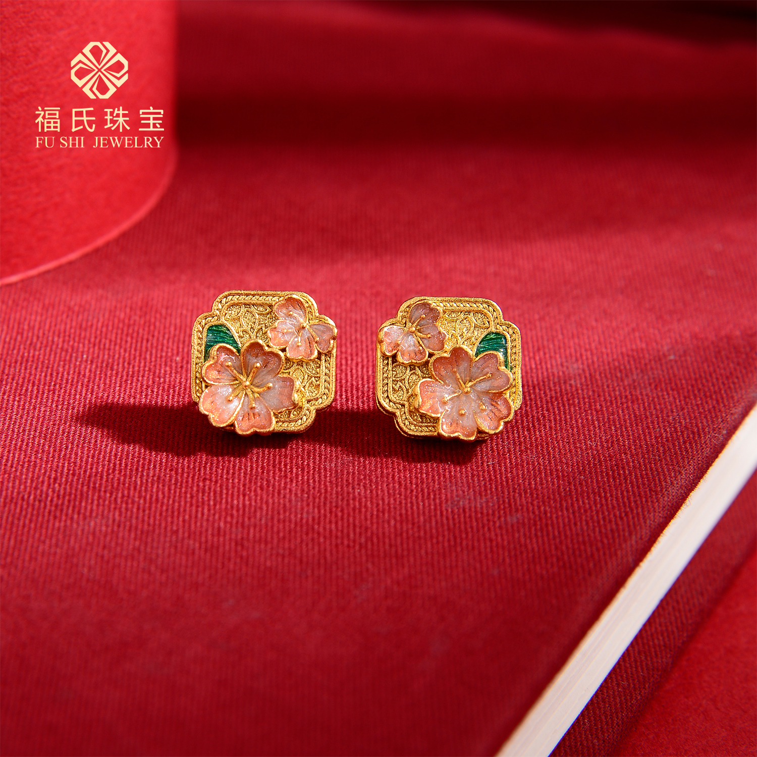 FUSHI/福氏 足银耳饰 9999景泰蓝民族风古法桃之夭夭 耳钉约5g/对