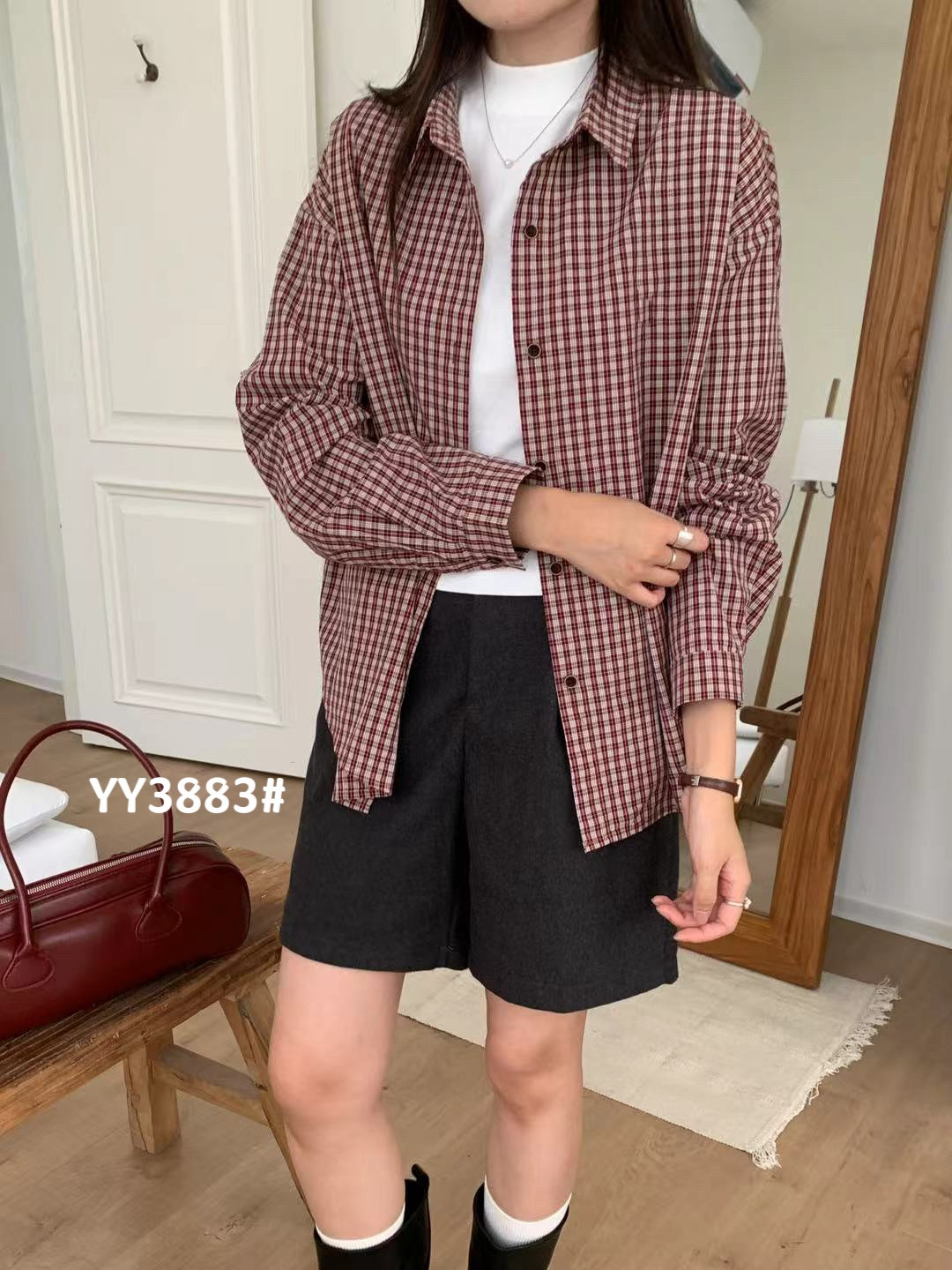 YY3883格子衬衫领衬衫格纹时尚外套格子衬衫女士衬衫