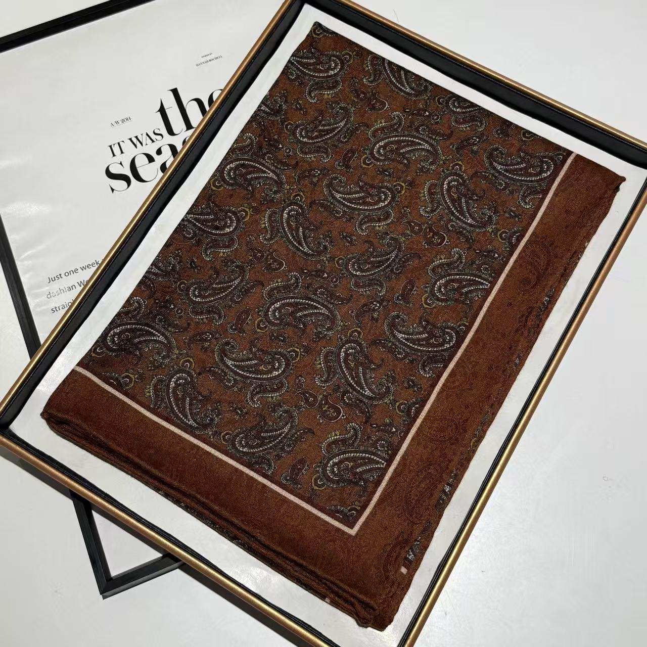 真丝羊毛双面提花复古蓝咖腰果花105方巾丝巾围巾披肩外搭F317