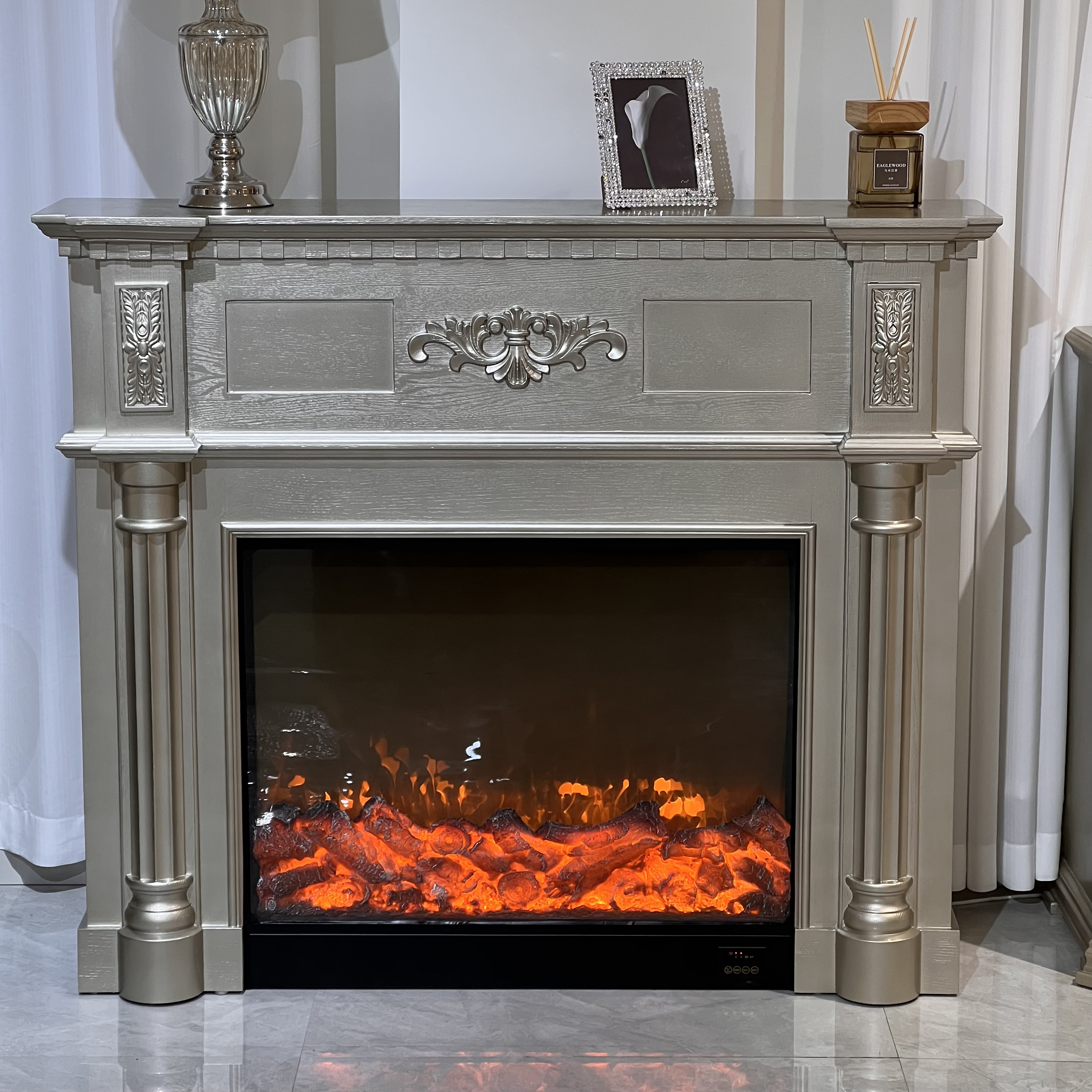 欧式复古雕花美式壁炉架仿真火焰取暖装饰柜