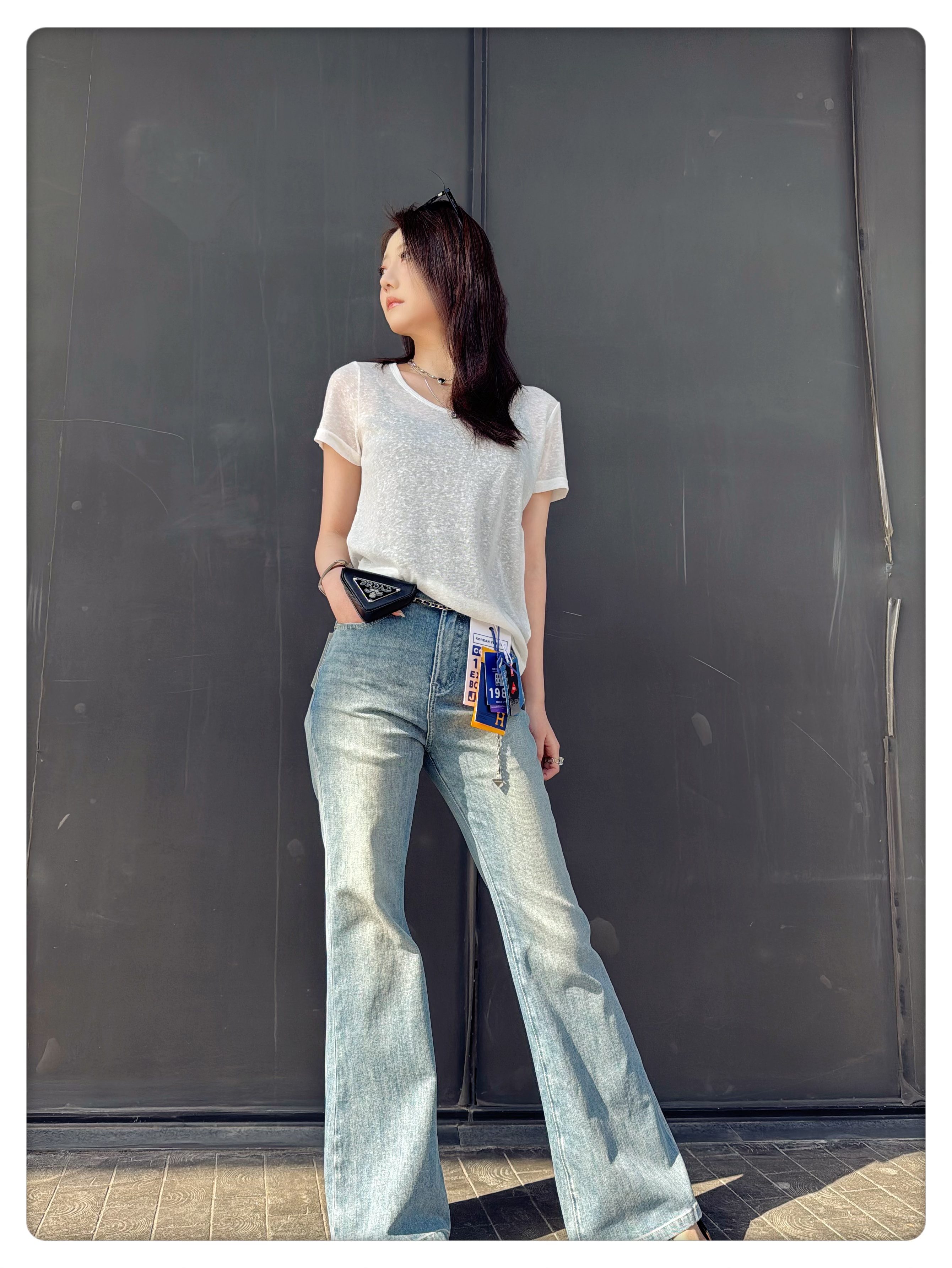 浅蓝色低腰微喇牛仔裤女夏季薄款2025新款显瘦时尚休闲设计感