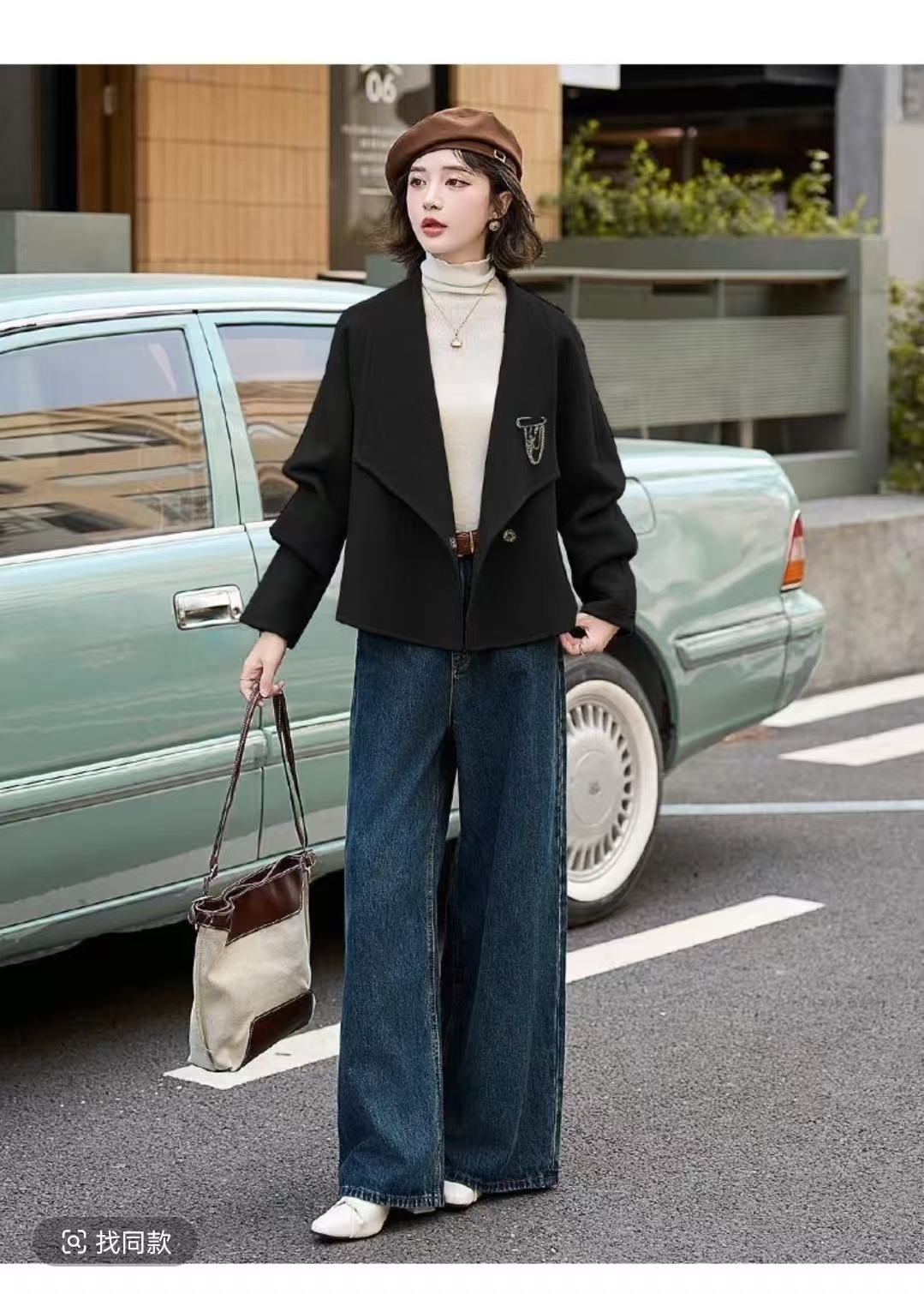 838小香风纯色秋冬厚款时尚百搭女士短款毛呢外套