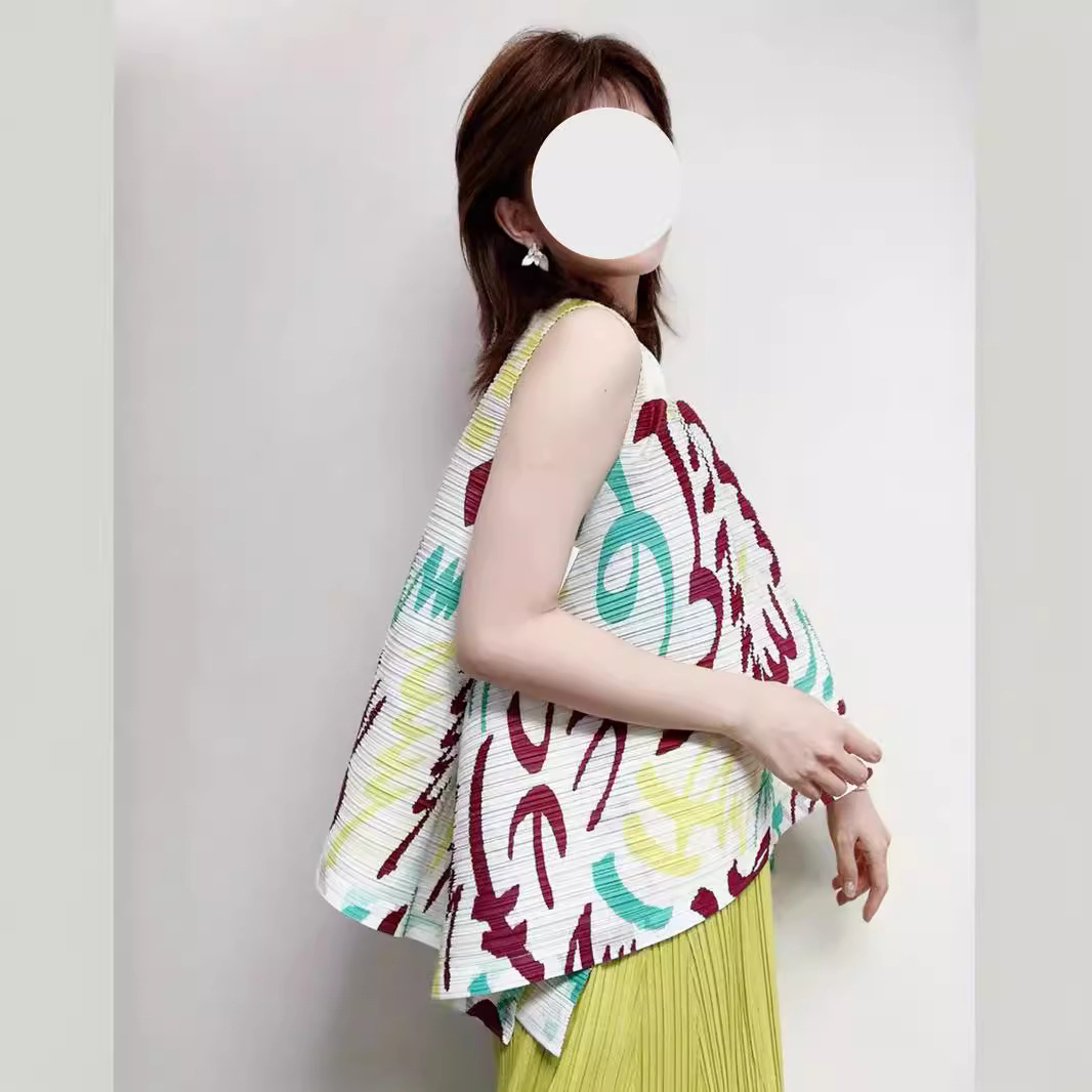 三褶褶皱夏季新款精致时尚印花背心女显瘦上衣女无袖背心高级118