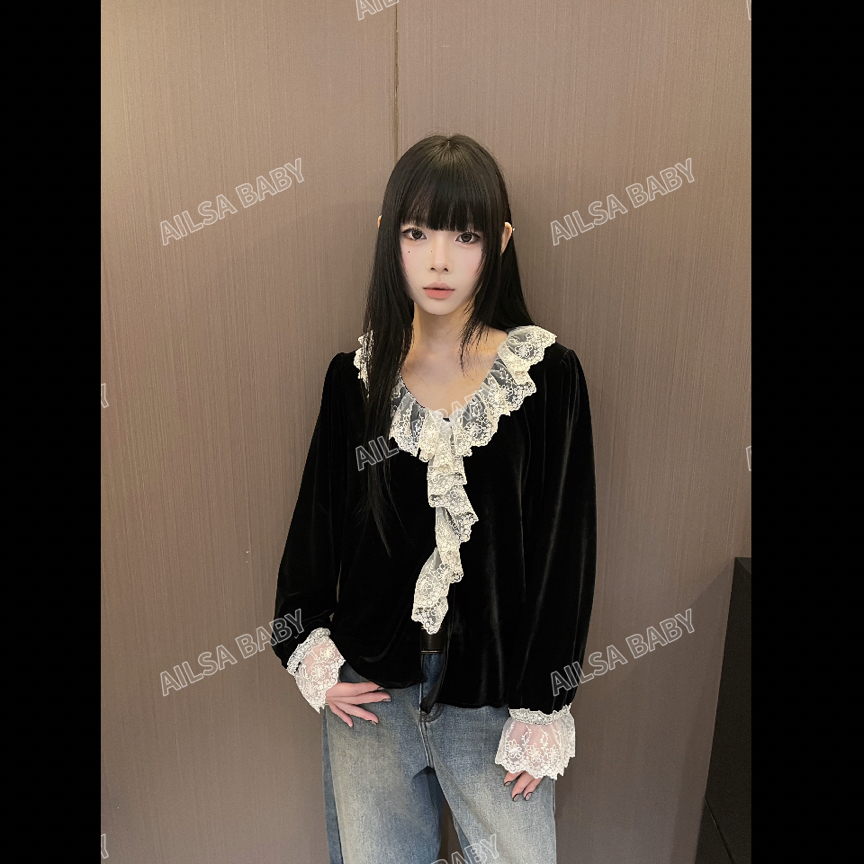 【AILSA BABY】欧货法式V领蕾丝花边丝绒打底衫112504A