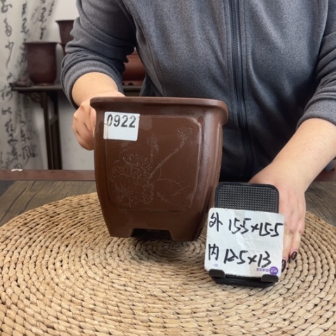紫砂花盆紫玉金砂奎面荷花刻绘四方0922
