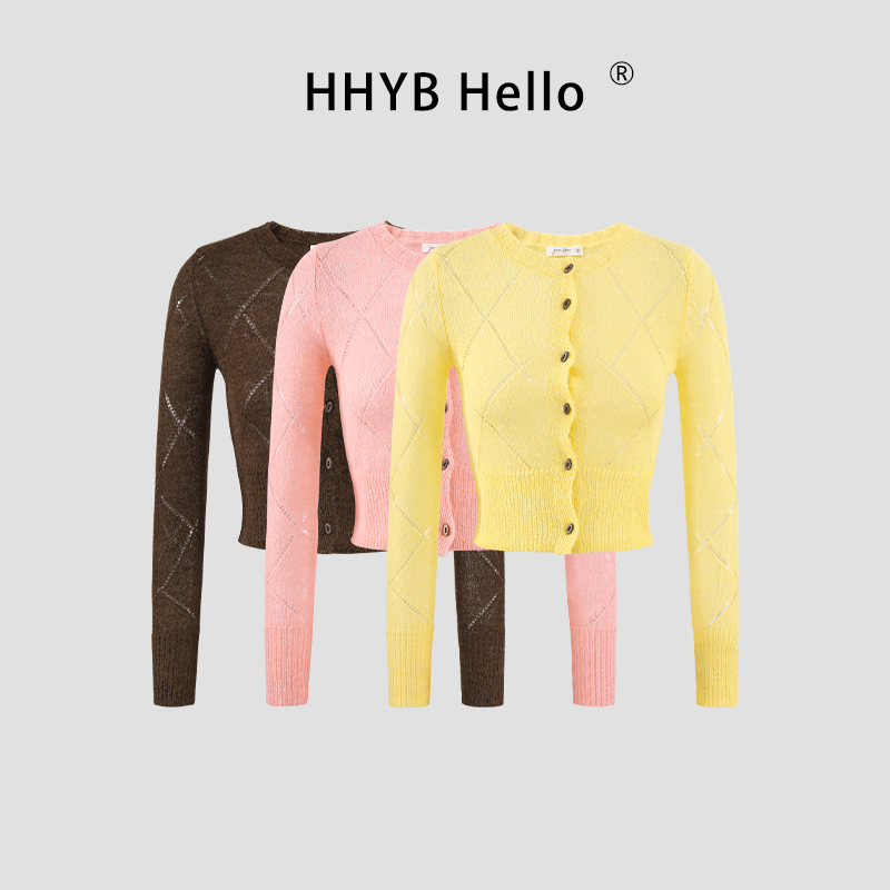 HHYB Hello韩系甜美镂空菱格编织肌理基础圆领针织开衫女M1582