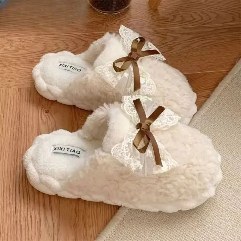 【新客】冬季棉拖鞋女款蝴蝶结厚底防滑保暖居家休闲百搭家庭拖鞋女