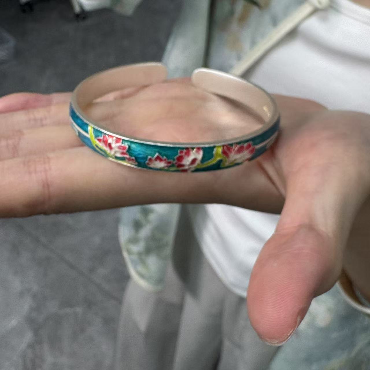 九乐 足银手镯 999珐琅日照莲花开口手镯