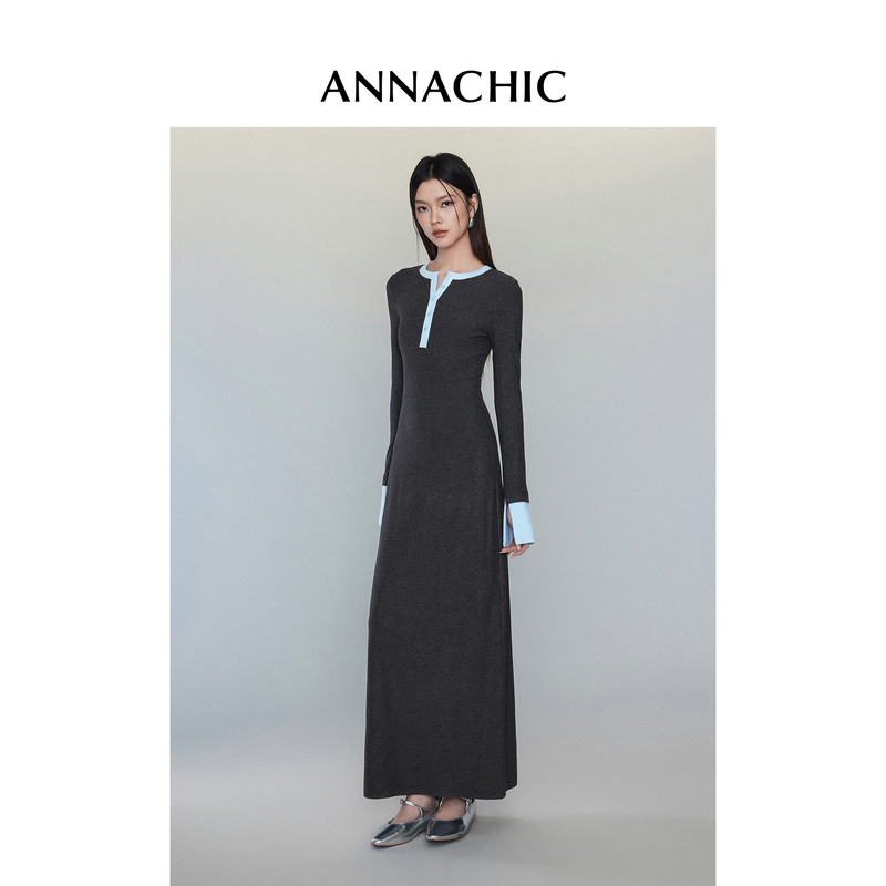 ANNACHIC撞色圆领拼接长袖开叉连衣裙女春季氛围感收腰显瘦长裙子