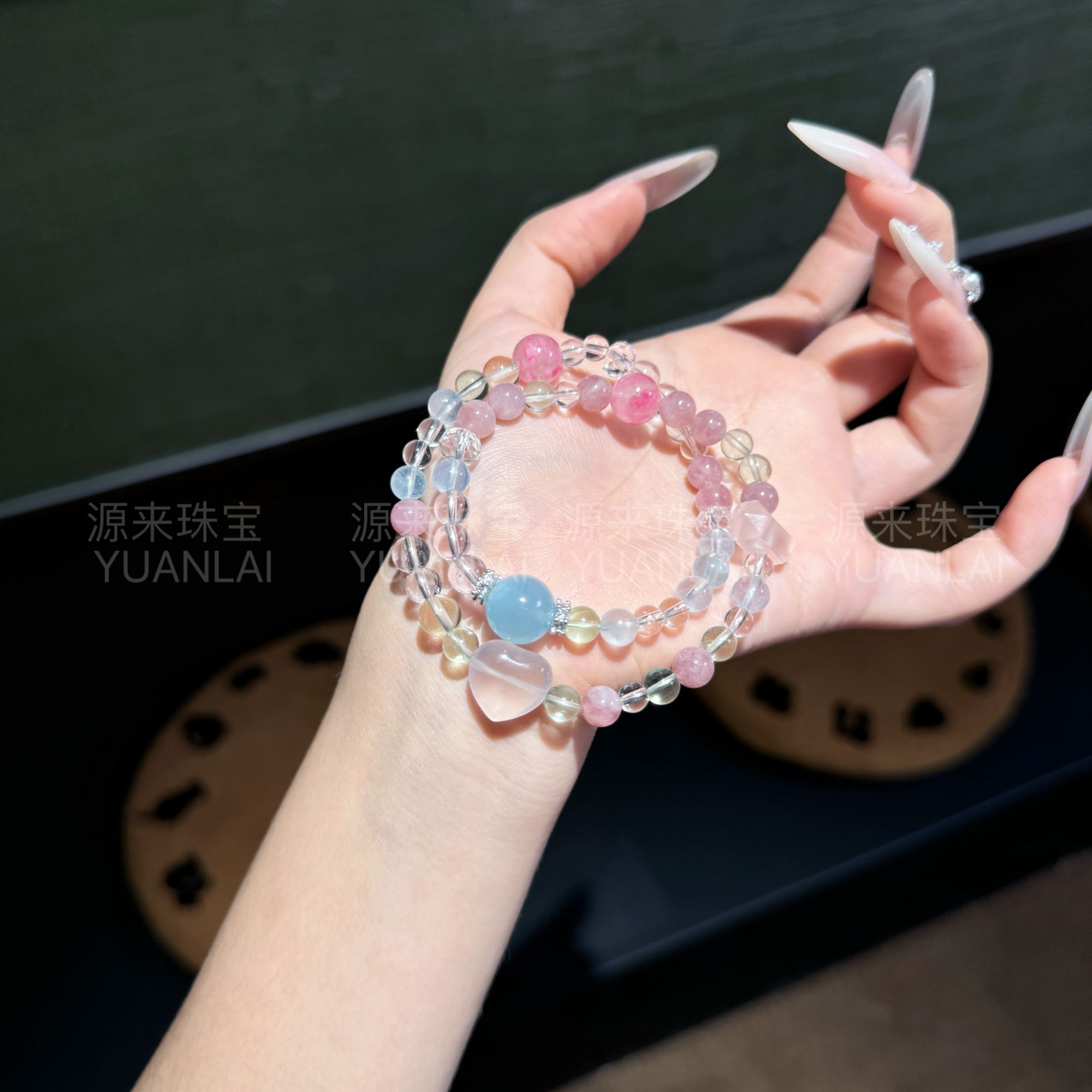 YY13 白水晶海蓝宝三圈手串