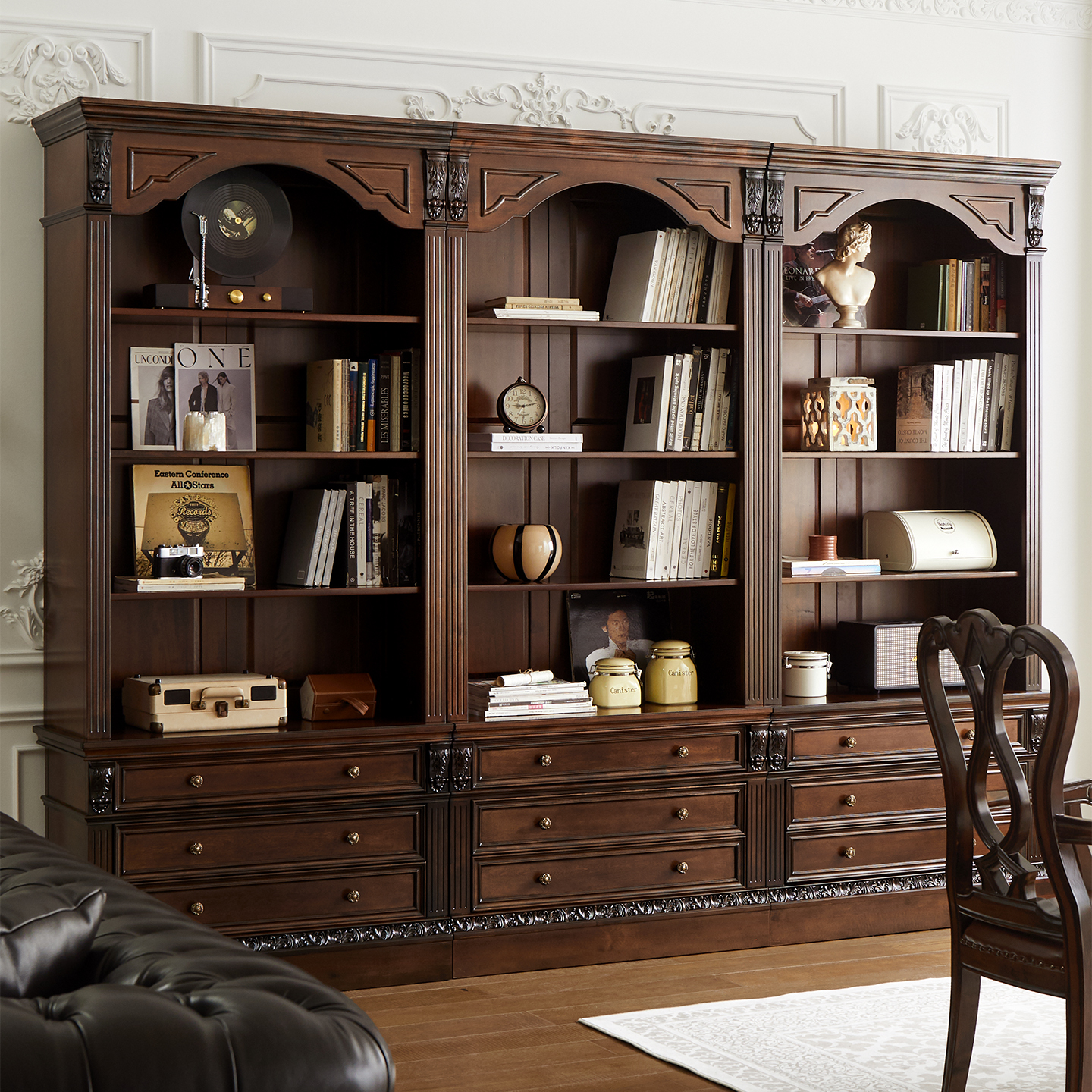 美式乡村组合书柜别墅纯实木酒柜雕花装饰复古书房家具组合可定制