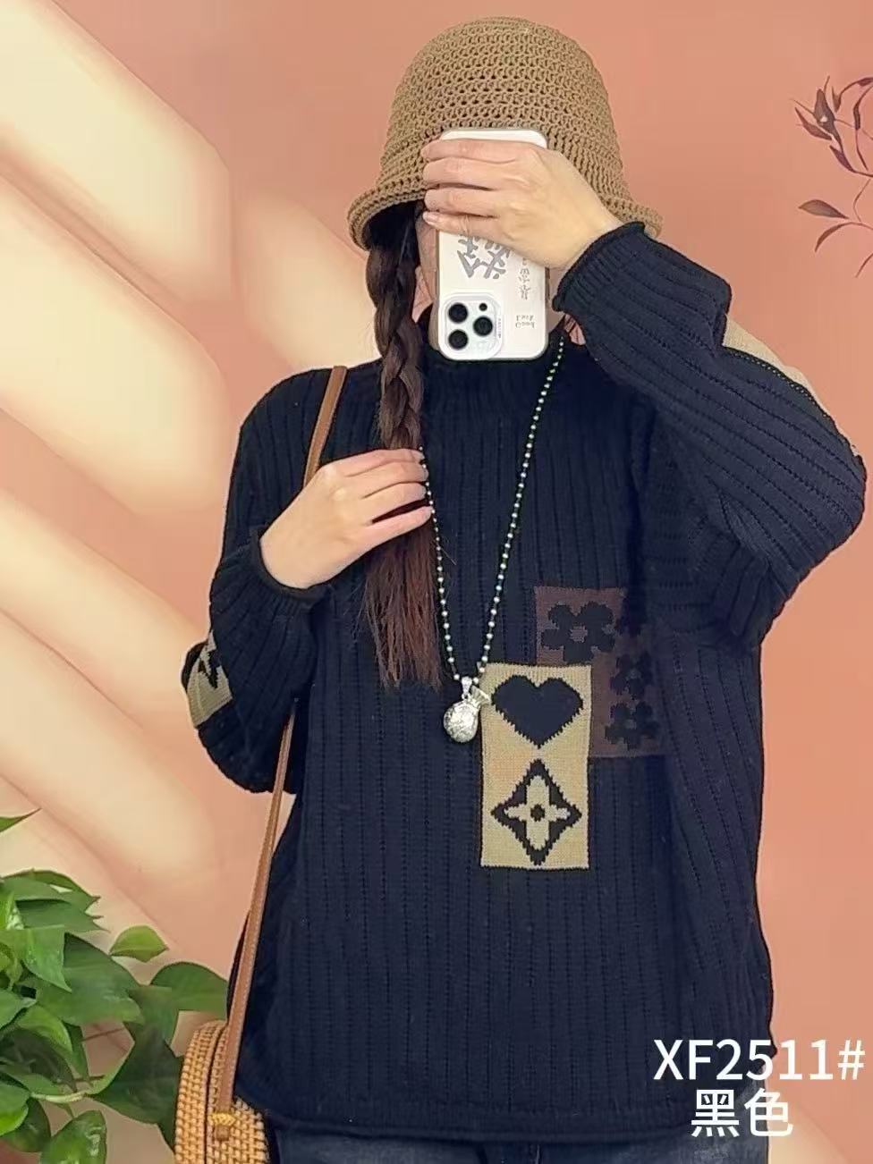 原创2024秋冬季休闲百搭提花长袖半高领针织衫毛衣