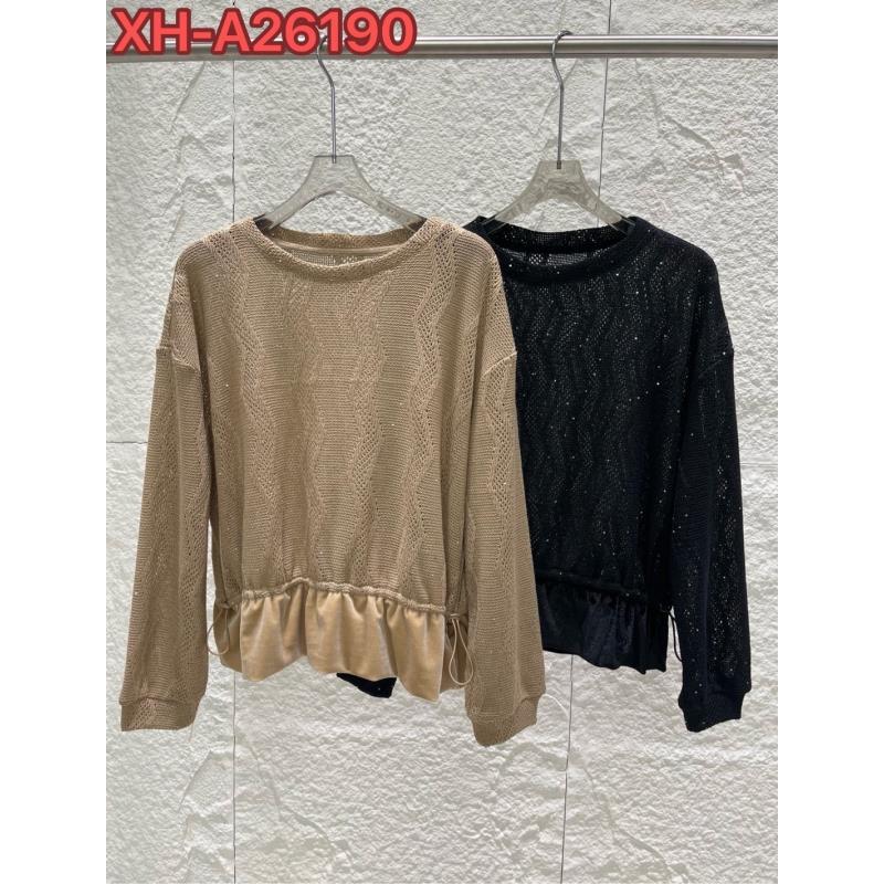 26190两色丝绒质感下摆花边圆领长袖上衣