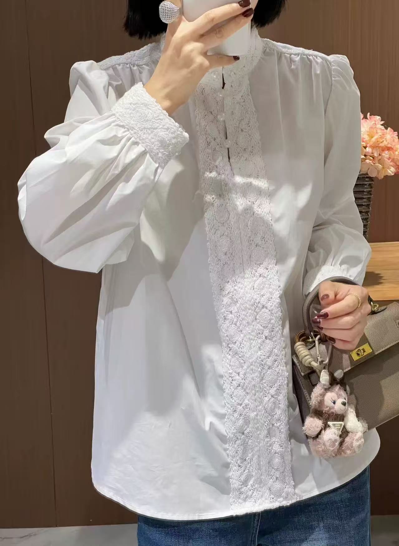 Momo纯棉拼重工刺绣花边立领减龄百搭衬衫白色长袖
