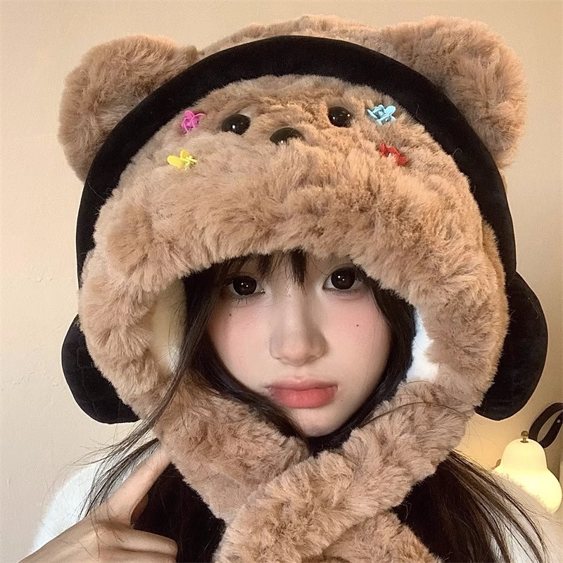 耳机小狗帽女秋冬可爱毛绒帽子围巾一体加厚保暖护耳护颈2026新款