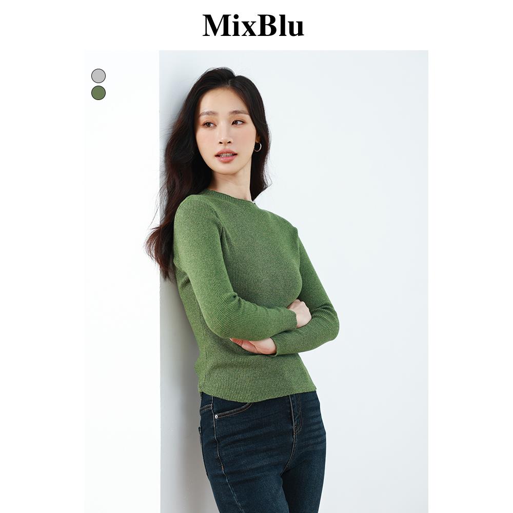 Mixblu绿色后背系带套头针织衫修身2023冬季圆领长袖毛衣显瘦短款
