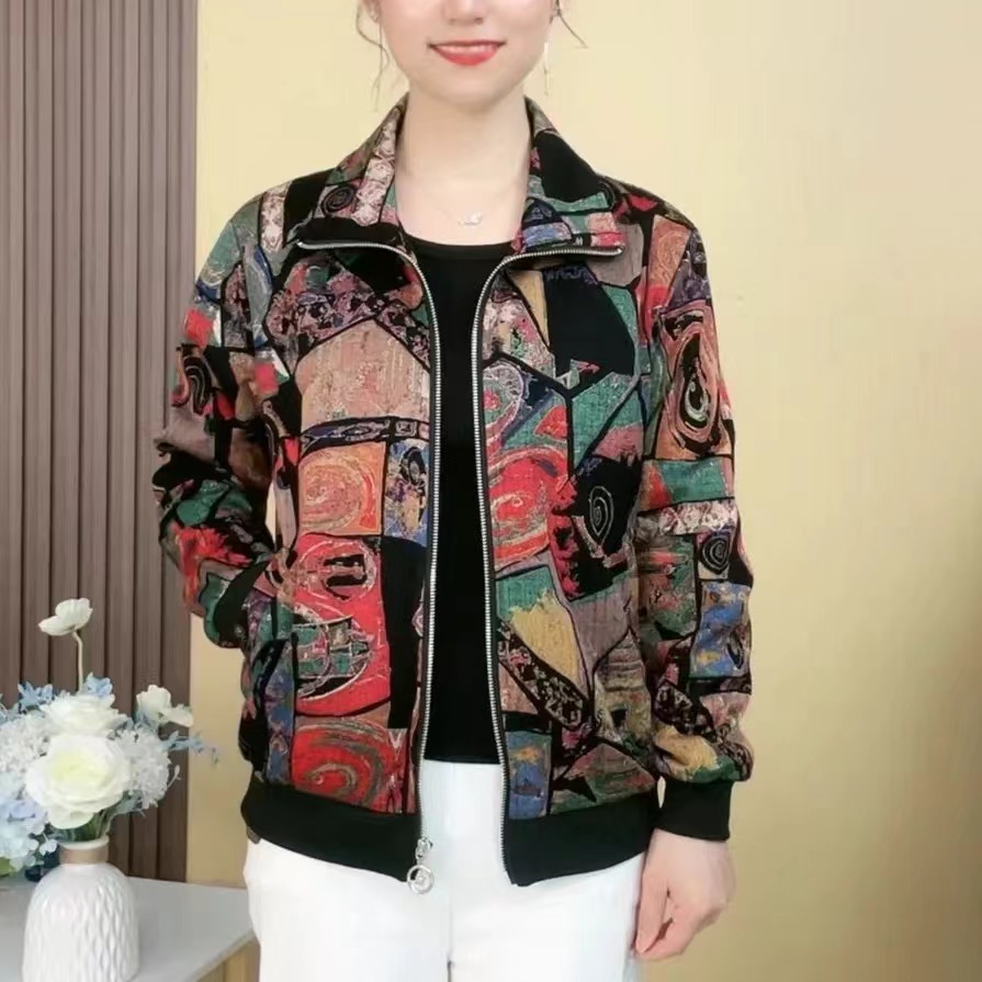翻领春秋春季几何图案印花短外套百搭妈妈装女士显瘦网红开衫