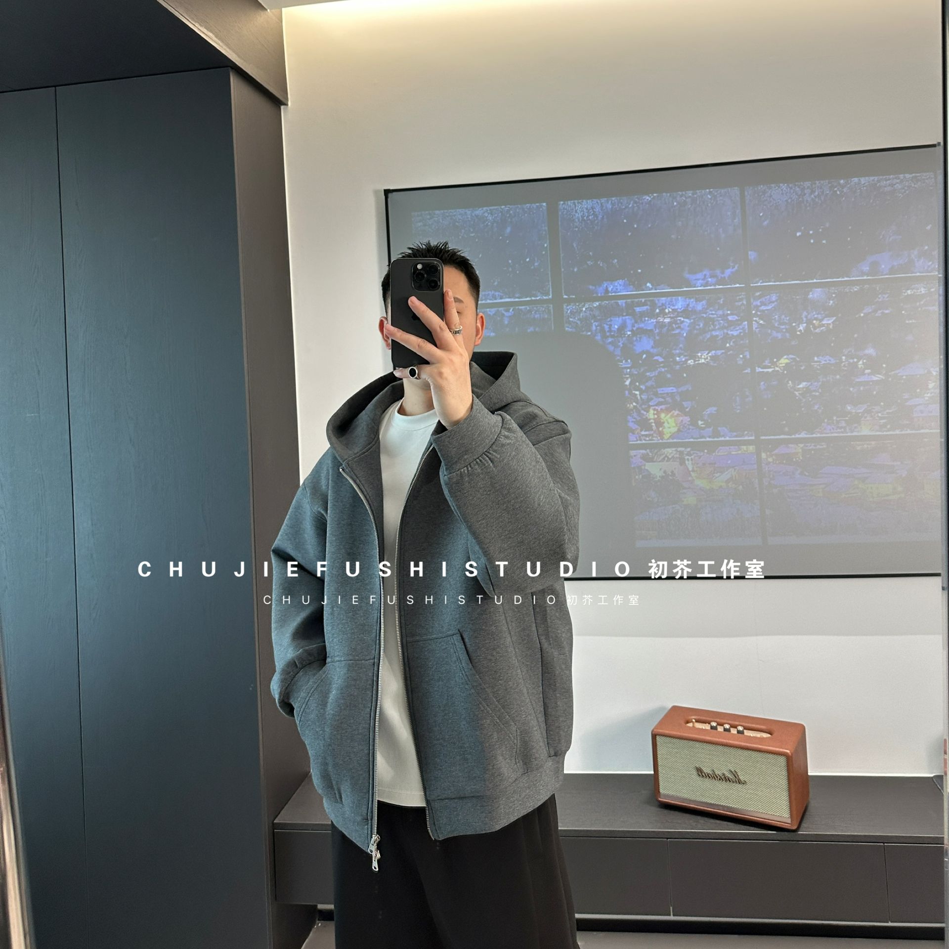CHUJIE韩版微宽松字母刺绣连帽休闲拉链外套