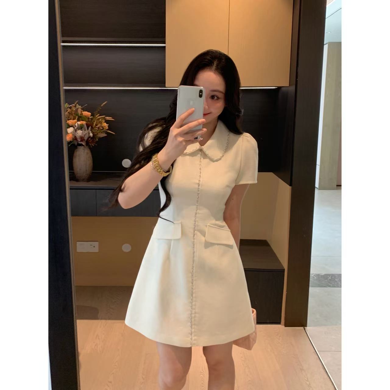 XINYI【云隐银山】夏季小香风娃娃领连衣裙收腰显瘦裙X625Q10854