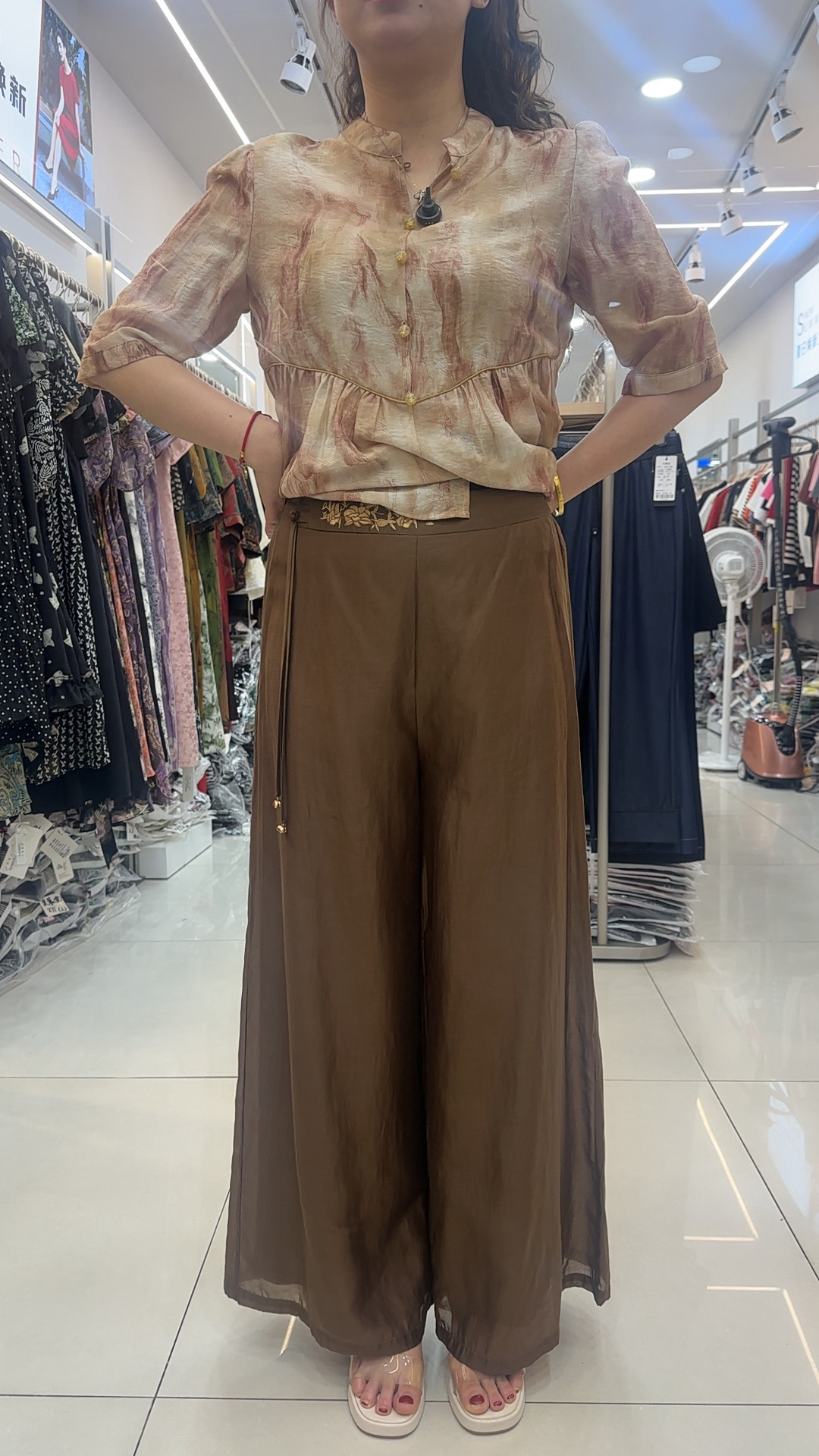 春夏新款纯色复古新中式松紧腰长裤妈妈装